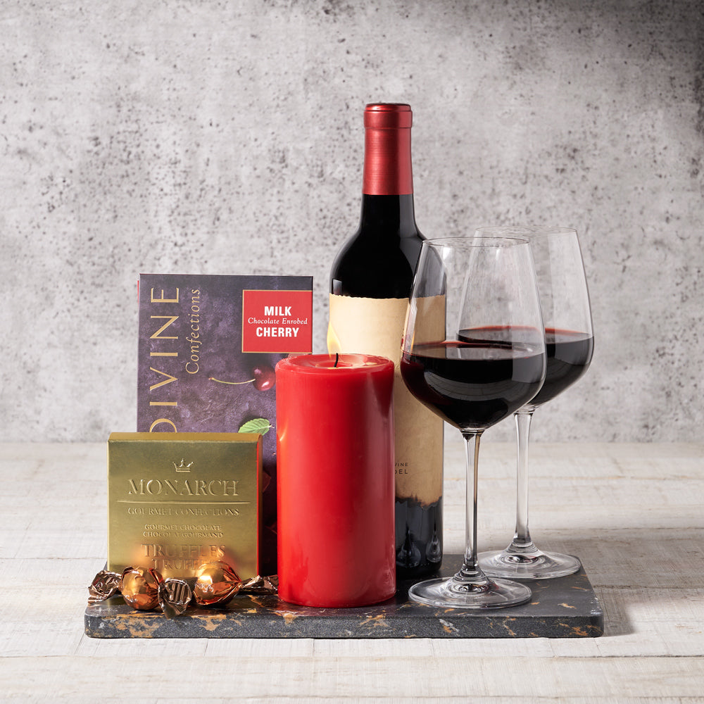 Gourmet Chocolate & Cherries Wine Gift Basket – Wine gift baskets, wine gift baskets, gift baskets, baskets, wine, candle, chocolate truffles, truffles, chocolate cherries, cherries, cherry, wine glasses